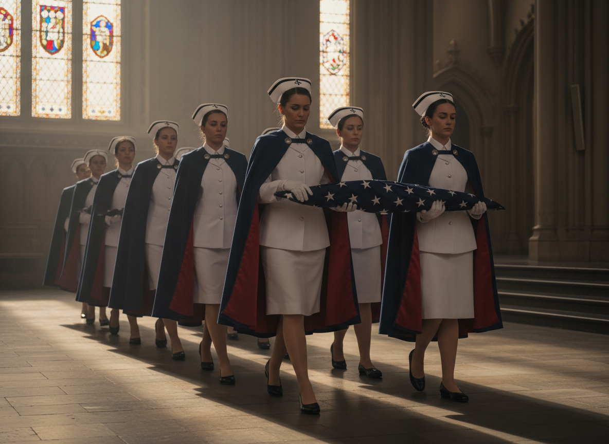 Nurse honor guard members performing a solemn ceremony with flag folding, wearing white uniforms and navy blue capes with red liners